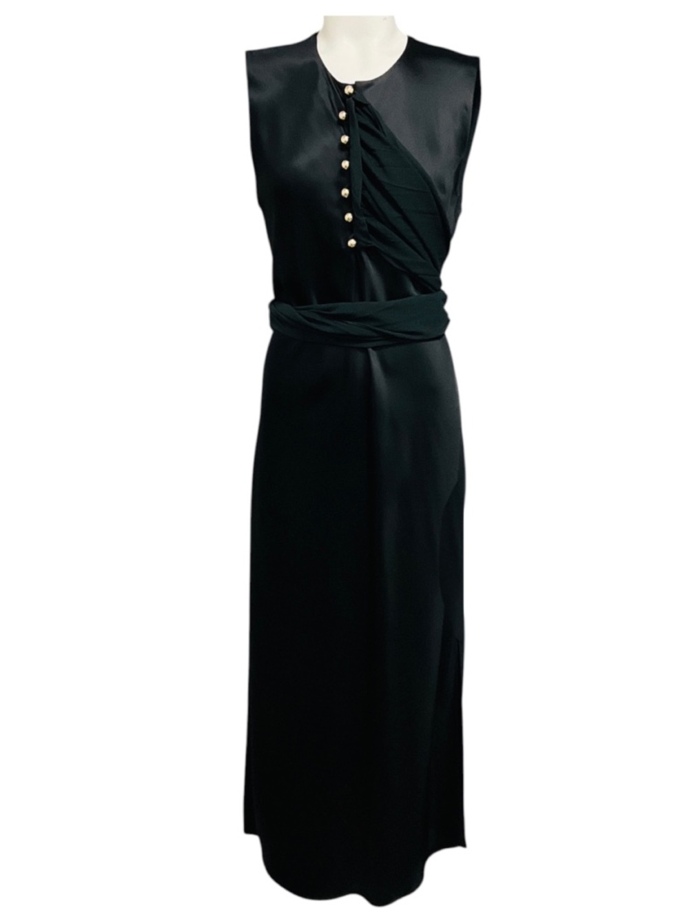 MARINA MOSCONE BLACK SLEEVELESS SATIN MAXI DRESS WITH GOLD BUTTONS AND CHIFFON T